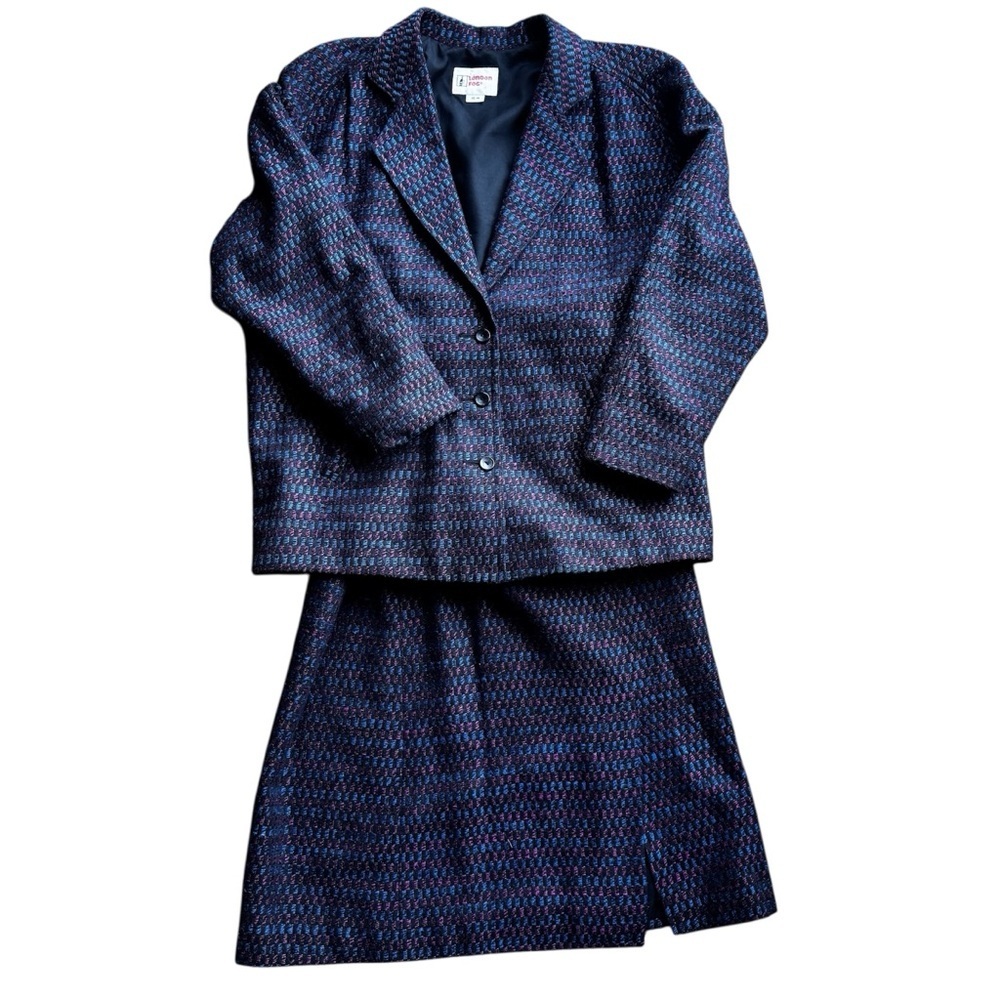 Vintage London Fog 2 Piece Skirt Wool Suit Set Patterned Blazer Jacket Classic